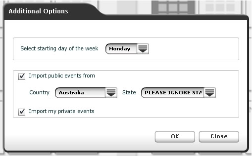 Online Software – Select your starting day of the week, and save private events