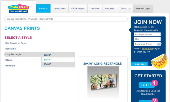 Website – Shows search for 20x40” Long Rectangle Canvas Print