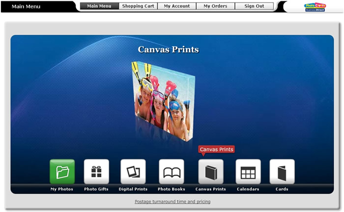 Online Software – At Main Menu select Canvas Prints