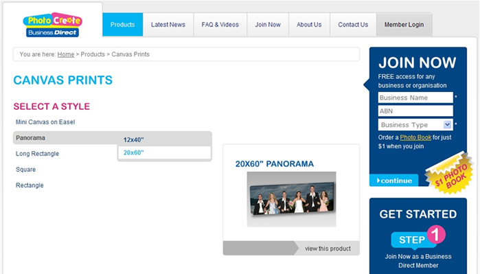 Website – Shows search for 20x60” Panoramic Canvas Print
