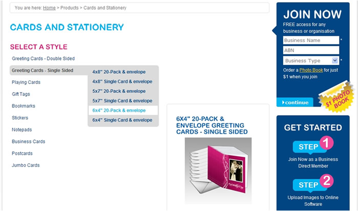 Website – Shows search for 6x4” Single-Sided Greeting Cards (20-Pack)