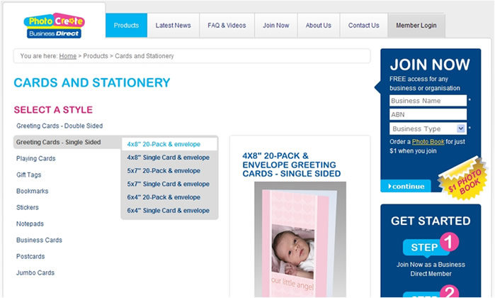 Website – Shows search for 4x8” Single-Sided Greeting Cards (20-Pack)