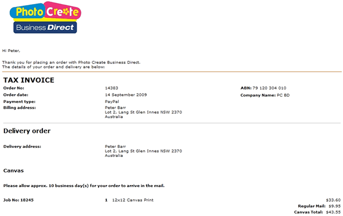 Email Confirmation – example Photo Create Business Direct order receipt