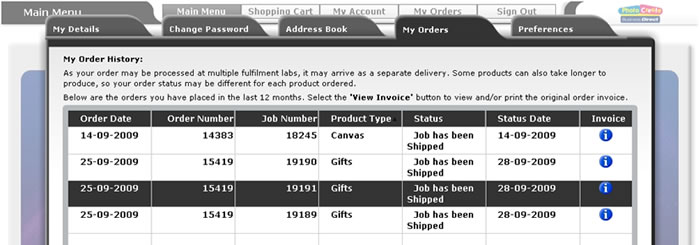 Online Software – My Orders button displays order status