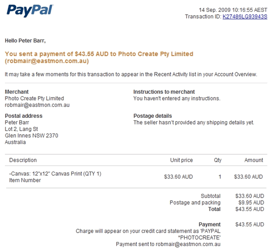 Email Confirmation – example PayPal payment receipt