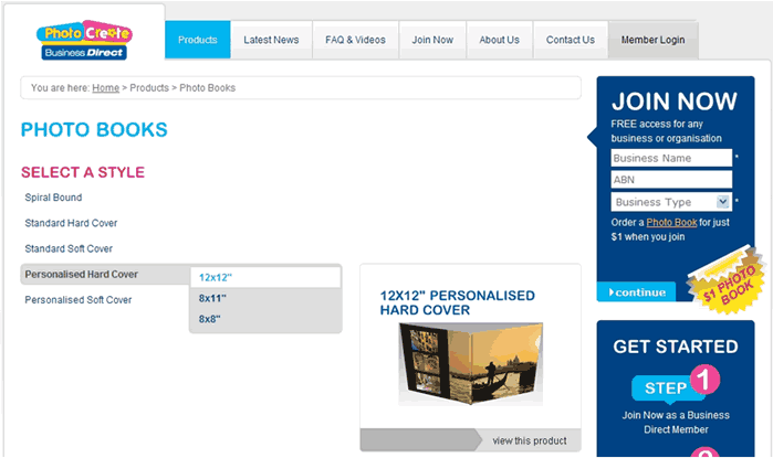 Website – Shows search for 12x12” Personalised Hard Cover Photo Book