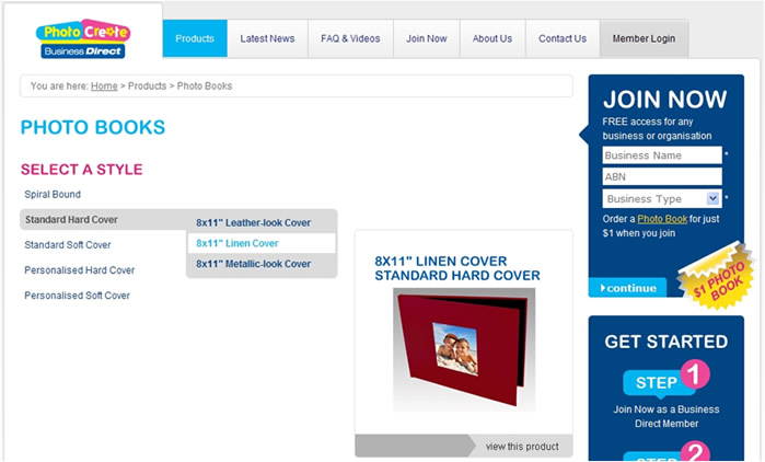 Website – Shows search for 8x11” Standard Hard Cover (Linen) Photo Book