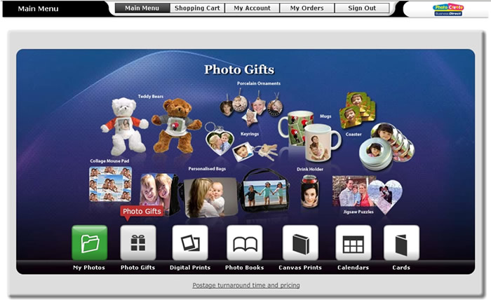 Online Software – At Main Menu, select Photo Gifts